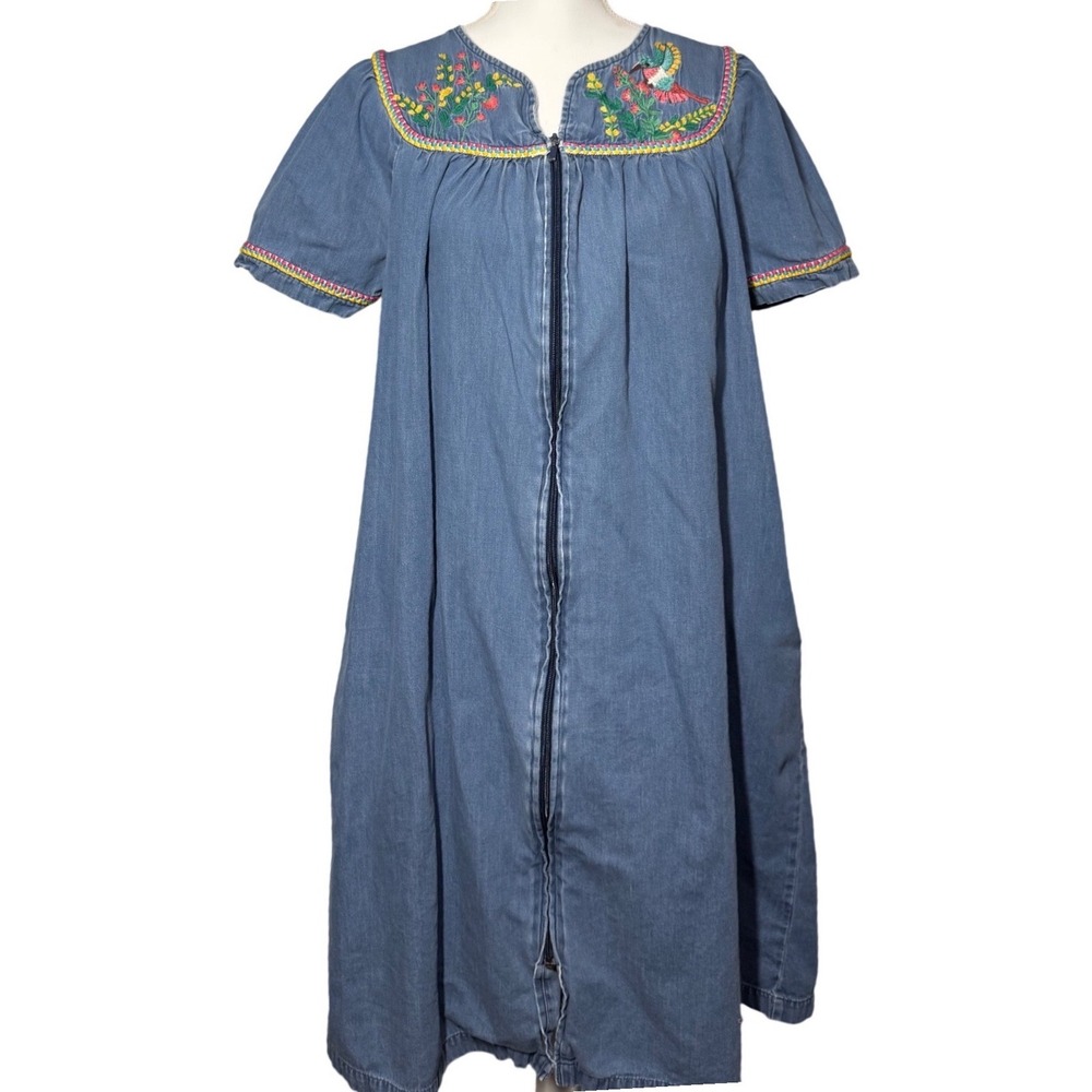 Go Softly Patio Denim Muumuu House Dress S Blue Embroidered Floral Zip Pockets